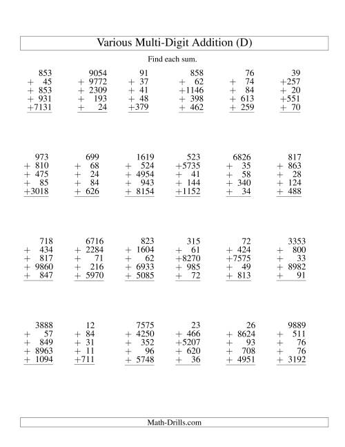 The Column Addition -- Five Various-Digit Numbers (D) Math Worksheet