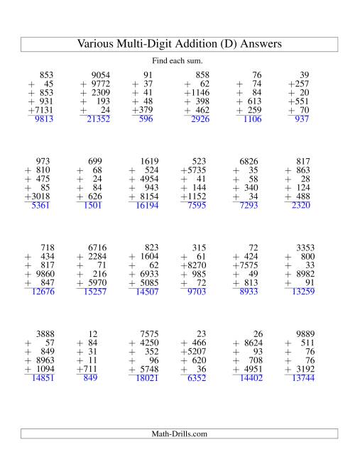 The Column Addition -- Five Various-Digit Numbers (D) Math Worksheet Page 2