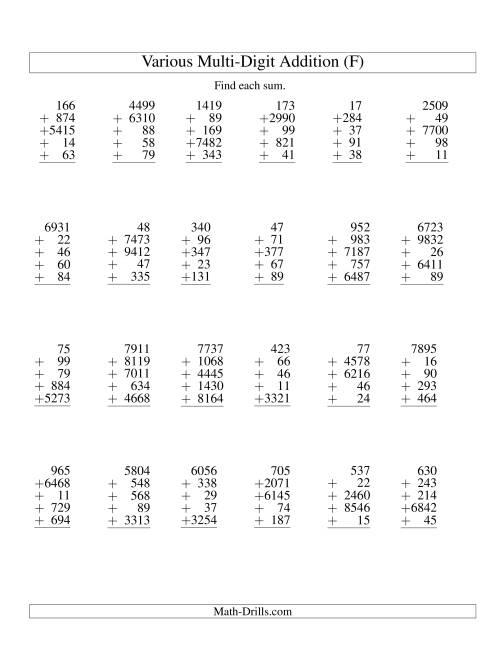 The Column Addition -- Five Various-Digit Numbers (F) Math Worksheet