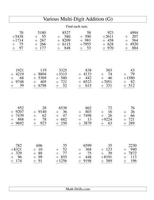 The Column Addition -- Five Various-Digit Numbers (G) Math Worksheet