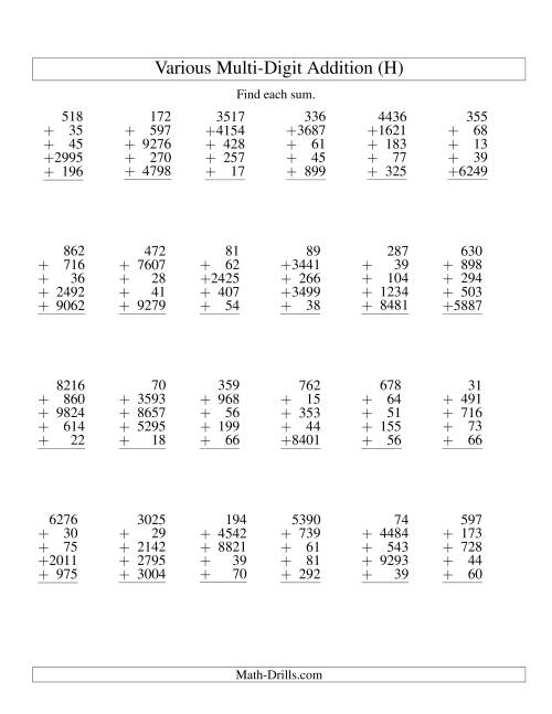 The Column Addition -- Five Various-Digit Numbers (H) Math Worksheet