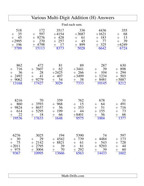 The Column Addition -- Five Various-Digit Numbers (H) Math Worksheet Page 2