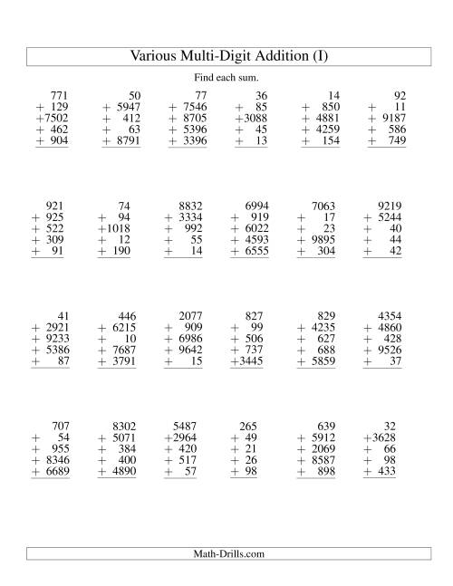 The Column Addition -- Five Various-Digit Numbers (I) Math Worksheet