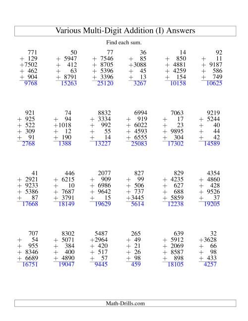 The Column Addition -- Five Various-Digit Numbers (I) Math Worksheet Page 2