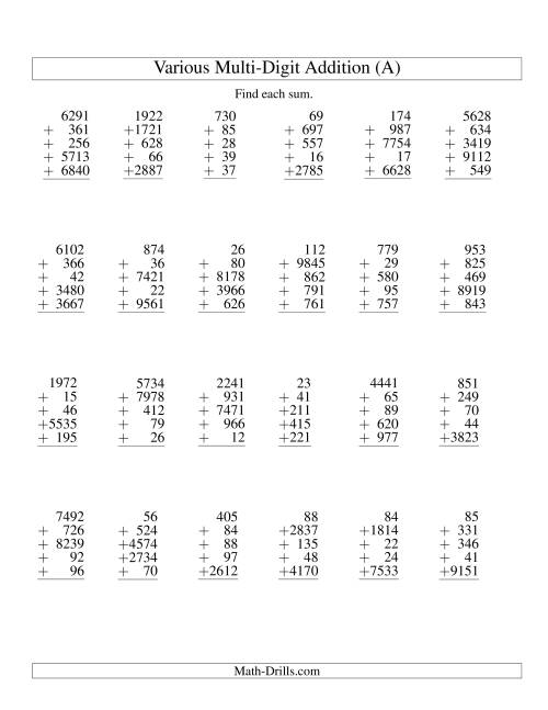 The Column Addition -- Five Various-Digit Numbers (All) Math Worksheet