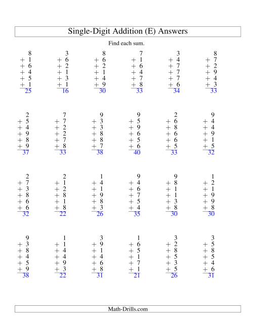 The Column Addition -- Six One-Digit Numbers (E) Math Worksheet Page 2