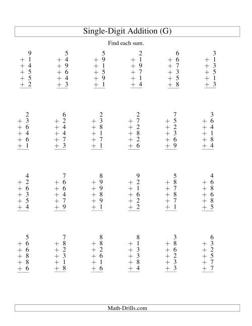 The Column Addition -- Six One-Digit Numbers (G) Math Worksheet