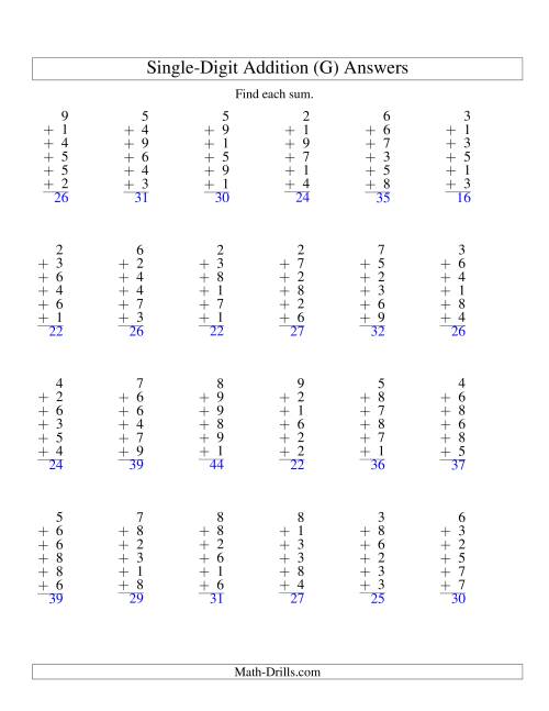 The Column Addition -- Six One-Digit Numbers (G) Math Worksheet Page 2