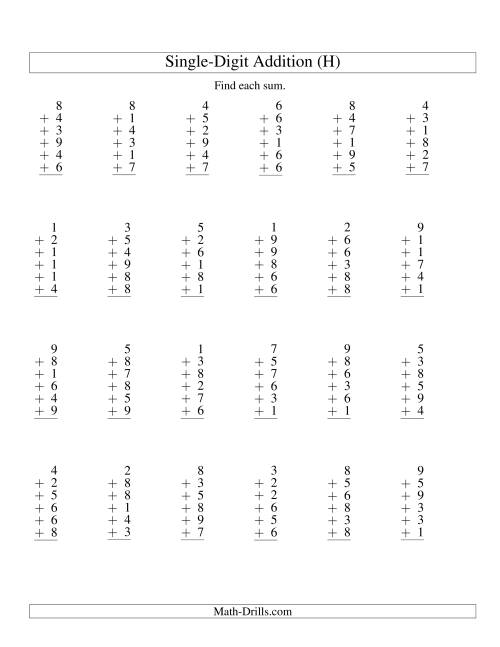 The Column Addition -- Six One-Digit Numbers (H) Math Worksheet
