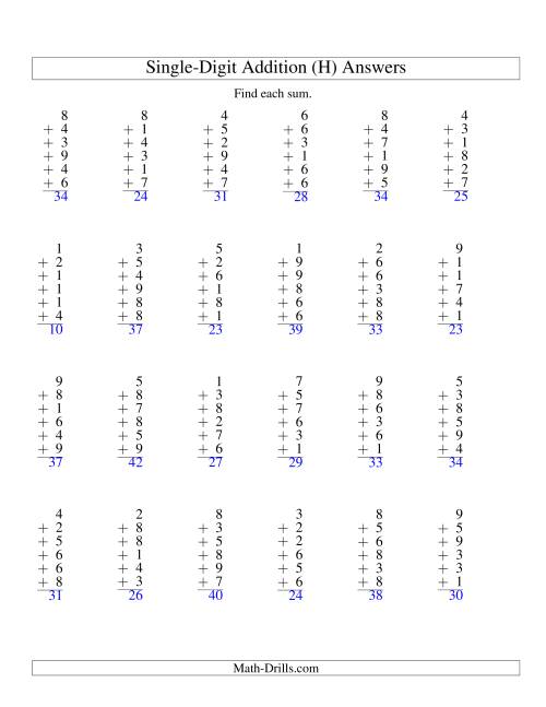 The Column Addition -- Six One-Digit Numbers (H) Math Worksheet Page 2