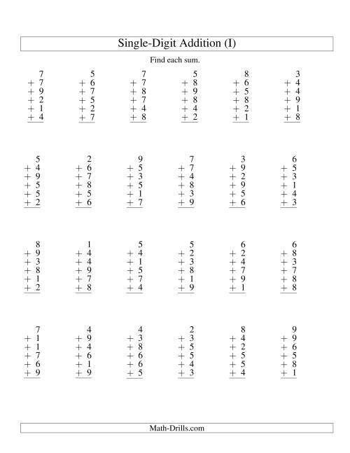 The Column Addition -- Six One-Digit Numbers (I) Math Worksheet