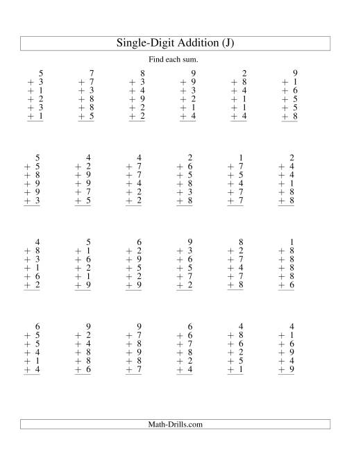 The Column Addition -- Six One-Digit Numbers (J) Math Worksheet