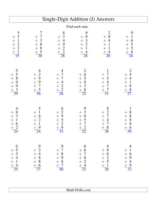 The Column Addition -- Six One-Digit Numbers (J) Math Worksheet Page 2