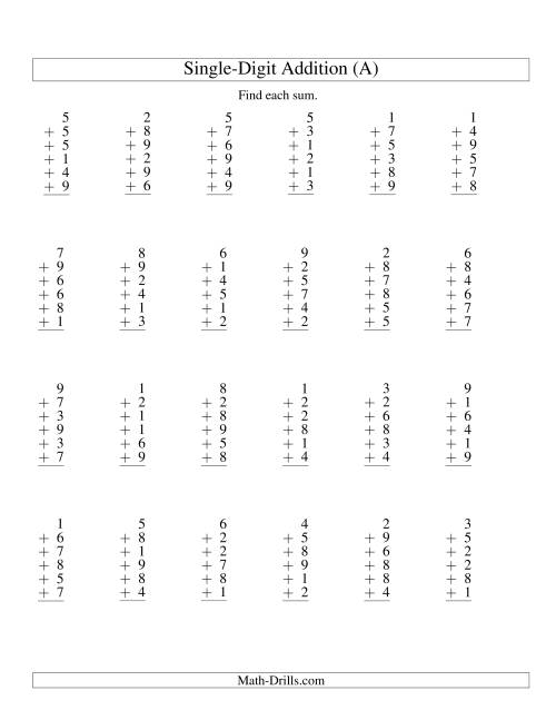 The Column Addition -- Six One-Digit Numbers (All) Math Worksheet
