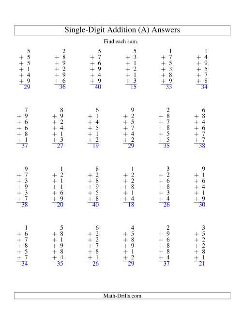 The Column Addition -- Six One-Digit Numbers (All) Math Worksheet Page 2