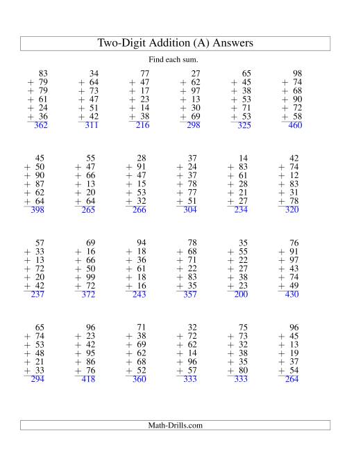 The Column Addition -- Six Two-Digit Numbers (A) Math Worksheet Page 2