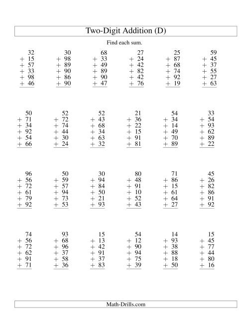 The Column Addition -- Six Two-Digit Numbers (D) Math Worksheet