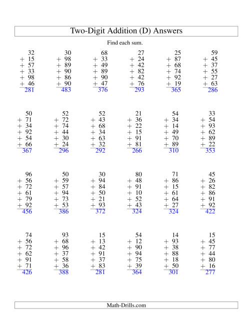 The Column Addition -- Six Two-Digit Numbers (D) Math Worksheet Page 2