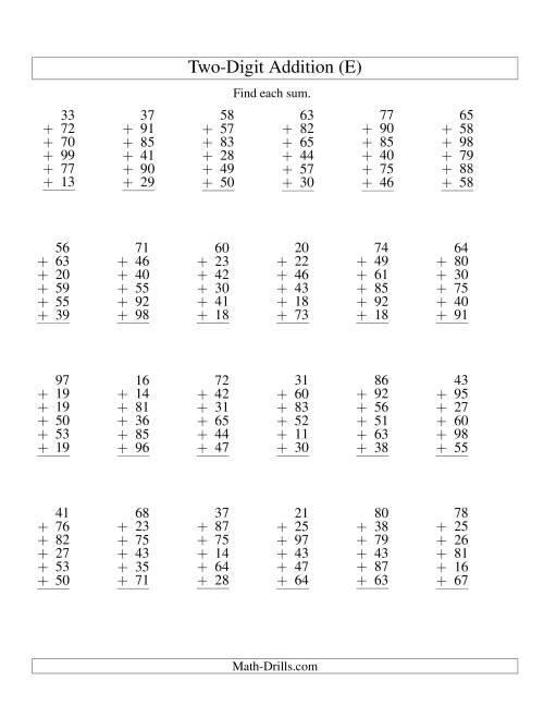 The Column Addition -- Six Two-Digit Numbers (E) Math Worksheet