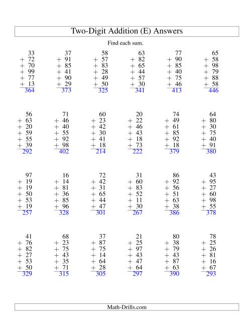 The Column Addition -- Six Two-Digit Numbers (E) Math Worksheet Page 2