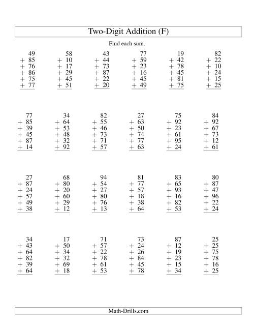 The Column Addition -- Six Two-Digit Numbers (F) Math Worksheet
