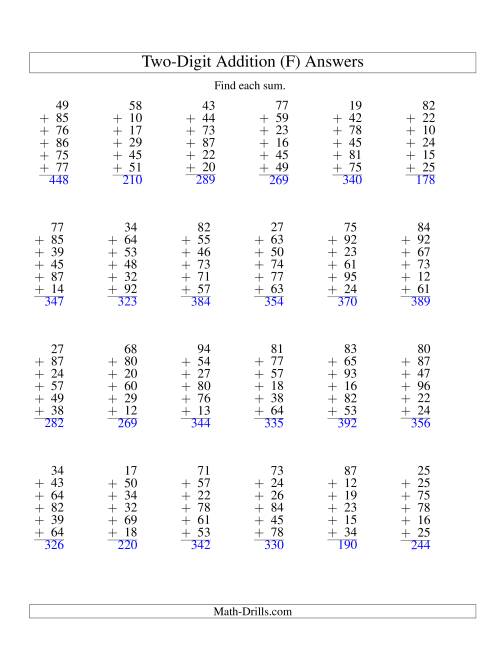 The Column Addition -- Six Two-Digit Numbers (F) Math Worksheet Page 2