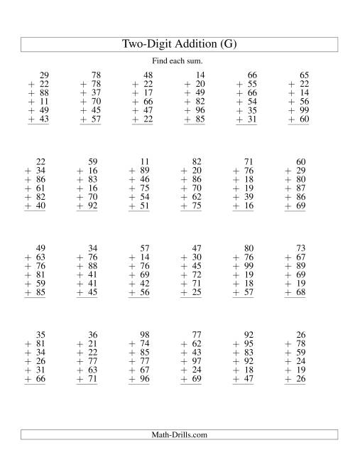 The Column Addition -- Six Two-Digit Numbers (G) Math Worksheet