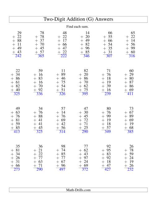 The Column Addition -- Six Two-Digit Numbers (G) Math Worksheet Page 2