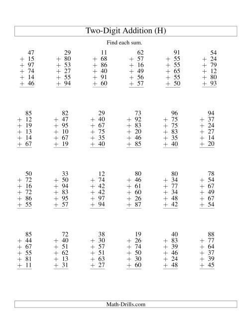 The Column Addition -- Six Two-Digit Numbers (H) Math Worksheet
