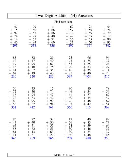 The Column Addition -- Six Two-Digit Numbers (H) Math Worksheet Page 2
