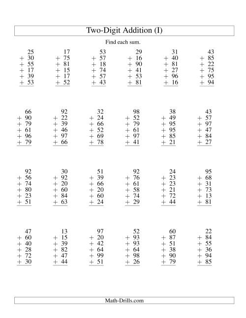 The Column Addition -- Six Two-Digit Numbers (I) Math Worksheet