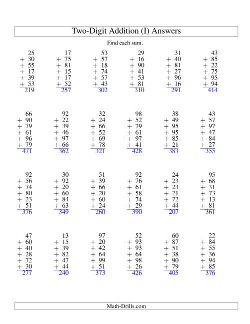 The Column Addition -- Six Two-Digit Numbers (I) Math Worksheet Page 2