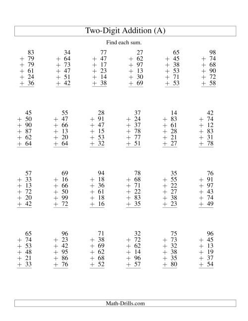 The Column Addition -- Six Two-Digit Numbers (All) Math Worksheet