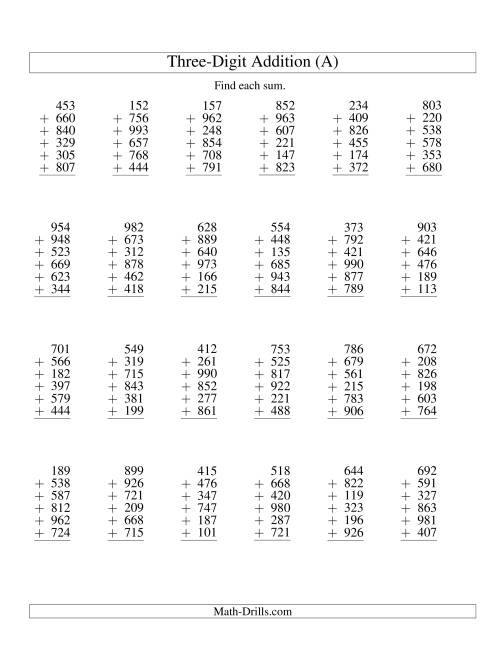 The Column Addition -- Six Three-Digit Numbers (A) Math Worksheet