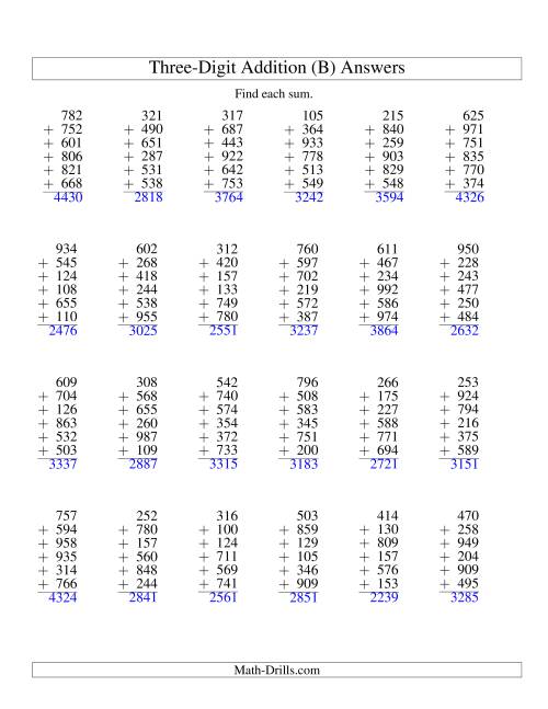 The Column Addition -- Six Three-Digit Numbers (B) Math Worksheet Page 2