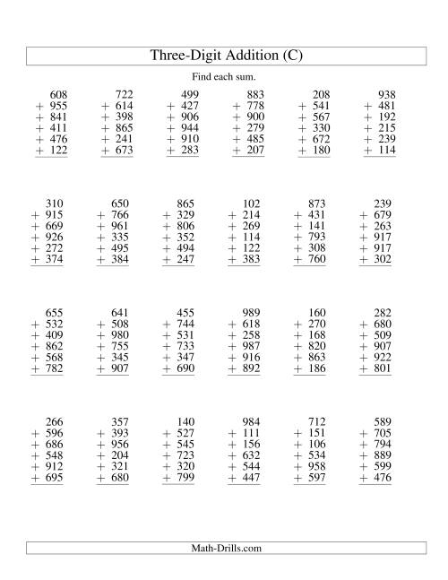 The Column Addition -- Six Three-Digit Numbers (C) Math Worksheet