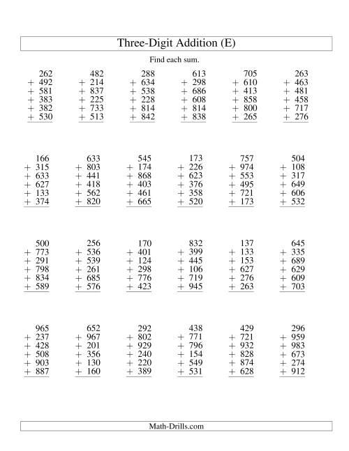 The Column Addition -- Six Three-Digit Numbers (E) Math Worksheet