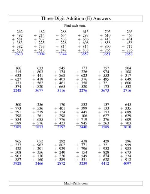 The Column Addition -- Six Three-Digit Numbers (E) Math Worksheet Page 2