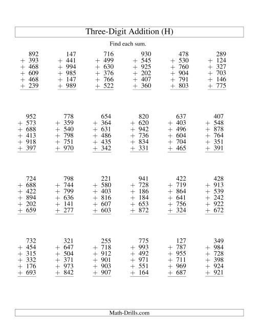 The Column Addition -- Six Three-Digit Numbers (H) Math Worksheet