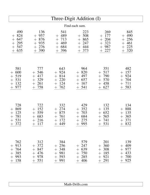 The Column Addition -- Six Three-Digit Numbers (I) Math Worksheet