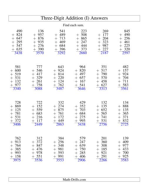 The Column Addition -- Six Three-Digit Numbers (I) Math Worksheet Page 2