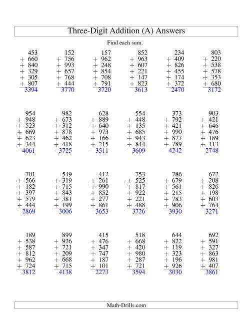 The Column Addition -- Six Three-Digit Numbers (All) Math Worksheet Page 2
