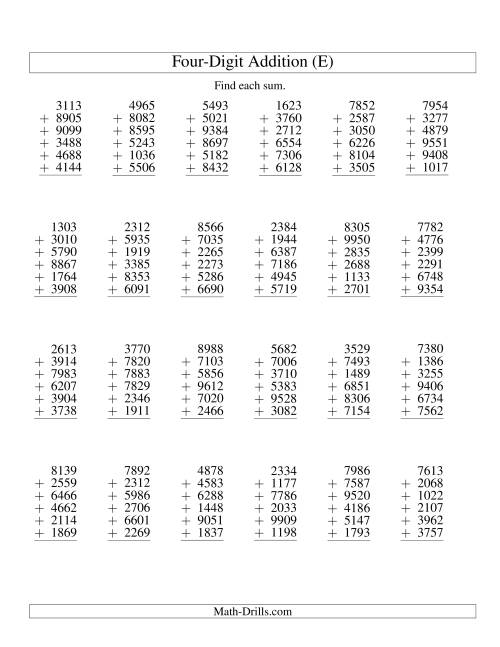 The Column Addition -- Six Four-Digit Numbers (E) Math Worksheet