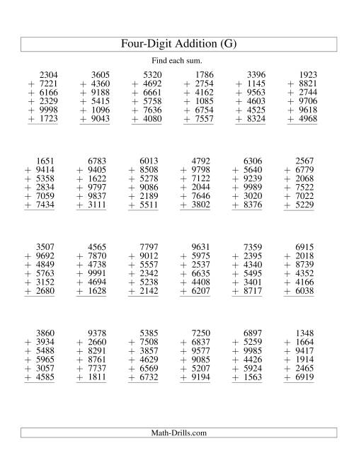 The Column Addition -- Six Four-Digit Numbers (G) Math Worksheet