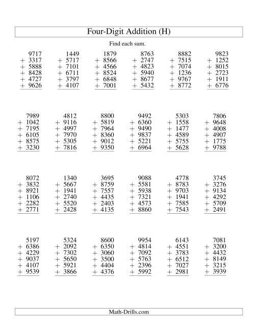 The Column Addition -- Six Four-Digit Numbers (H) Math Worksheet