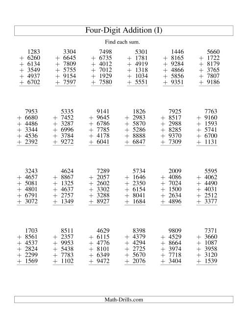 The Column Addition -- Six Four-Digit Numbers (I) Math Worksheet