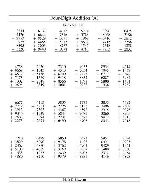 The Column Addition -- Six Four-Digit Numbers (All) Math Worksheet