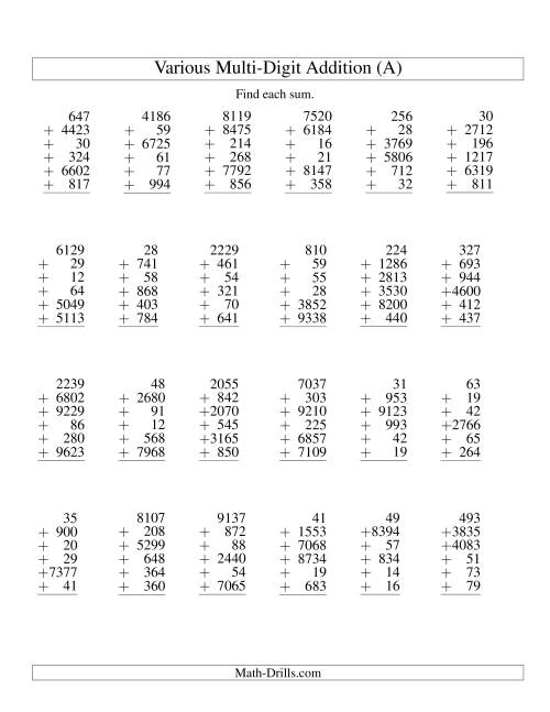 The Column Addition -- Six Various-Digit Numbers (A) Math Worksheet