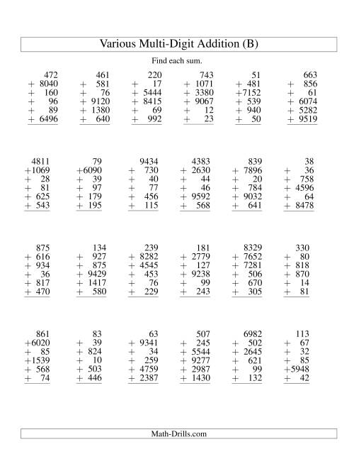 The Column Addition -- Six Various-Digit Numbers (B) Math Worksheet