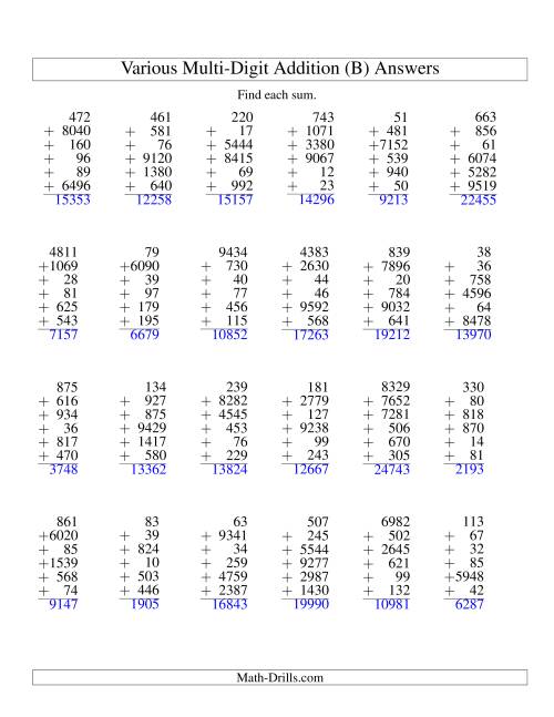 The Column Addition -- Six Various-Digit Numbers (B) Math Worksheet Page 2